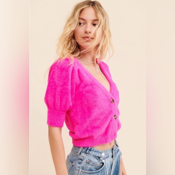 For Love & Lemons Chateau Short Sleeve Cardigan Size Small Hot Pink Fuzzy - Picture 2 of 10